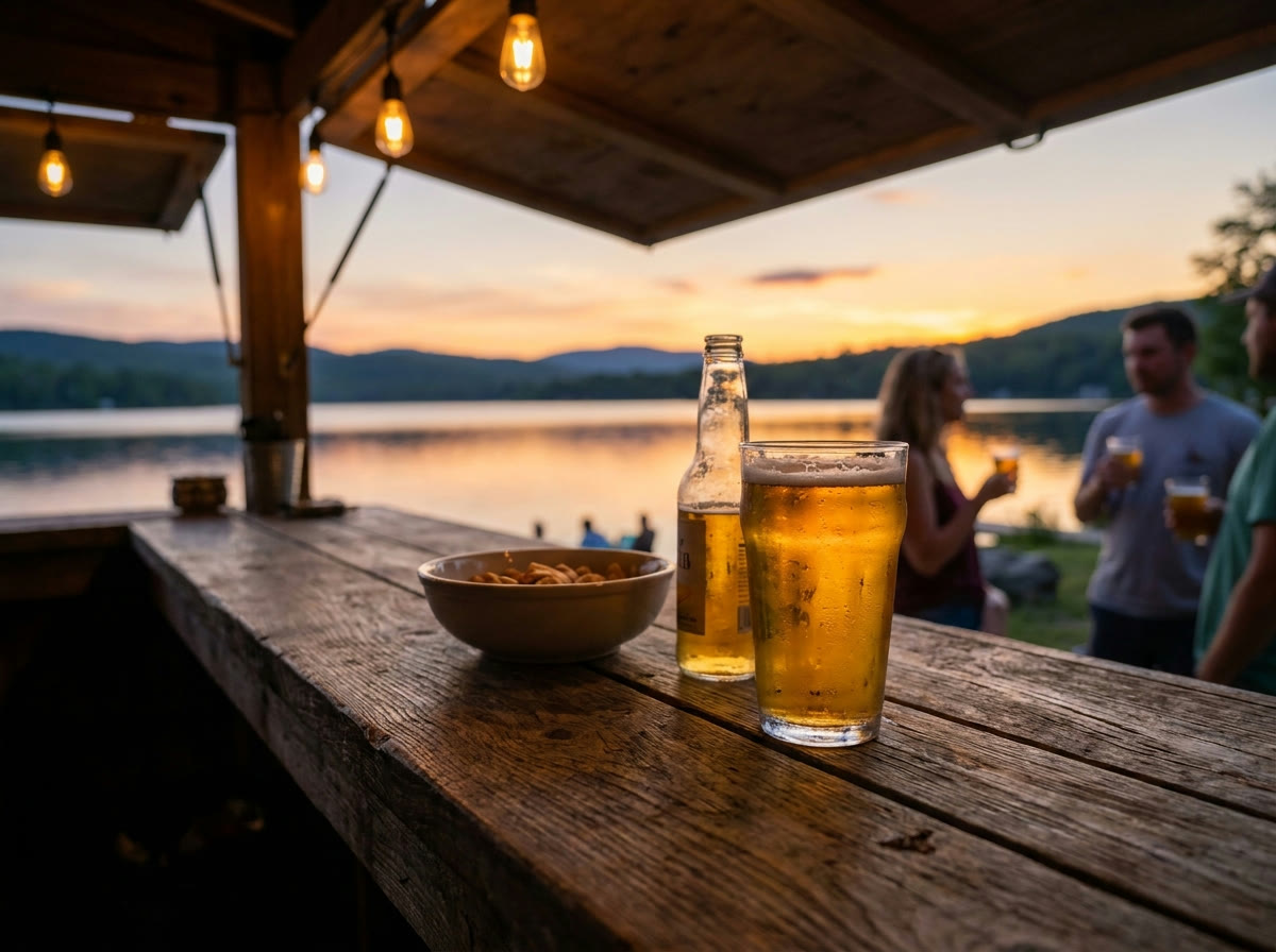 Cold drinks on a rustic lakeside bar rail at sunset