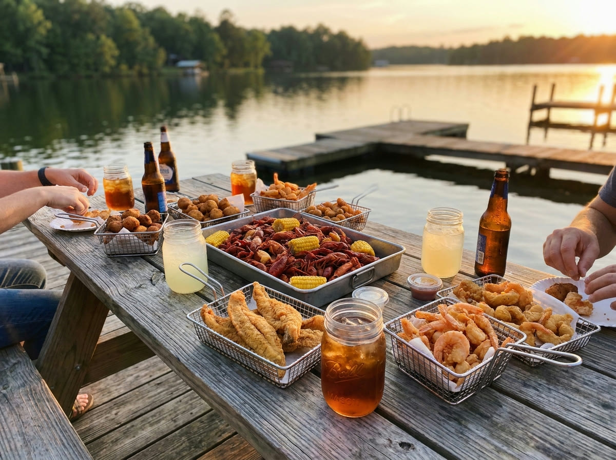 Southern lakeside spread of crawfish, fried seafood and sweet tea on a deck table at sunset