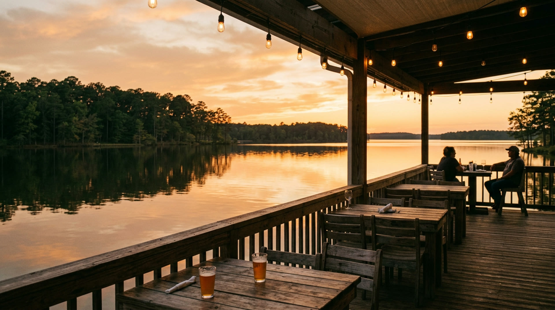 Lakeside deck with warm string lights overlooking calm Lake Conroe water at sunset