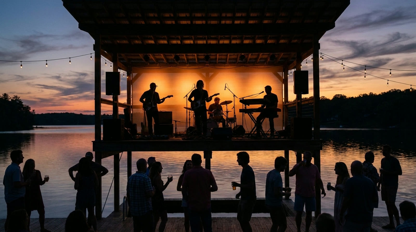 Live band silhouette playing on a lakeside deck at dusk with a relaxed crowd