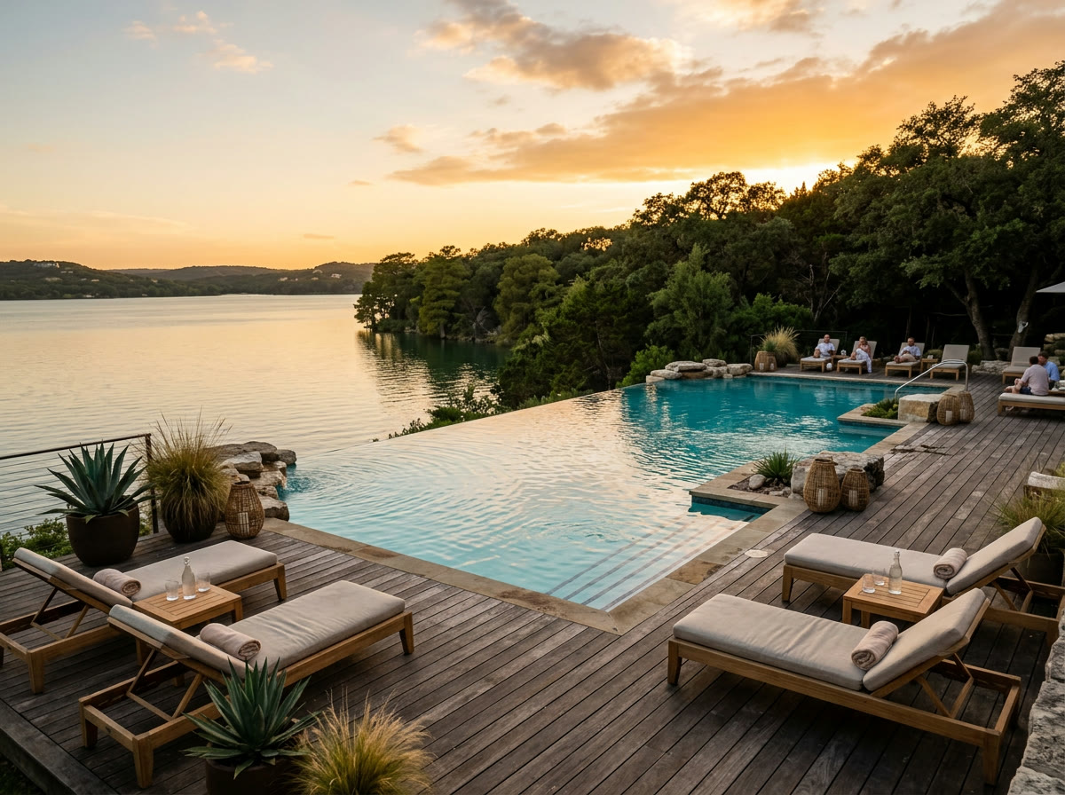 Pool on a wooden deck beside a calm Texas lake at golden hour